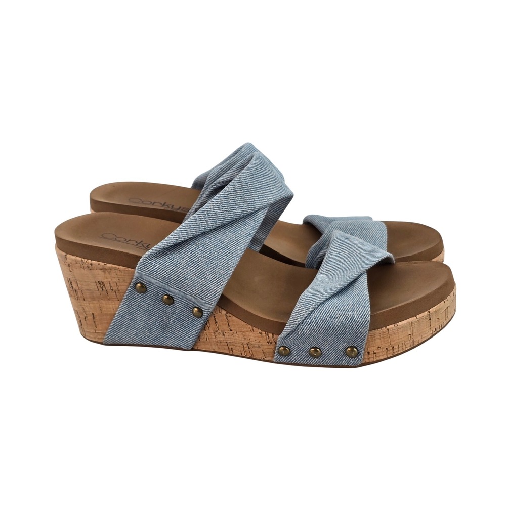 Corkys Footwear Womens Light Wash Denim Twisted Strap Cork Wedge Sandals Blue 10